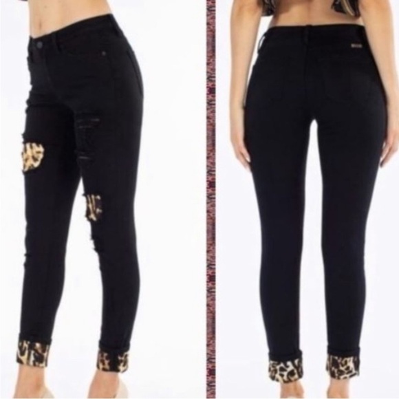 KanCan Jeans Womens Black Cheetah Print Cuff Distressed Black Ankle Jeans Size 5 - Picture 9 of 9